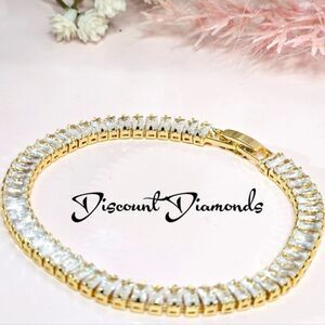 Clear white Baguette Diamond Tennis Bracelet 14K Gold on 925 Sterling Silver